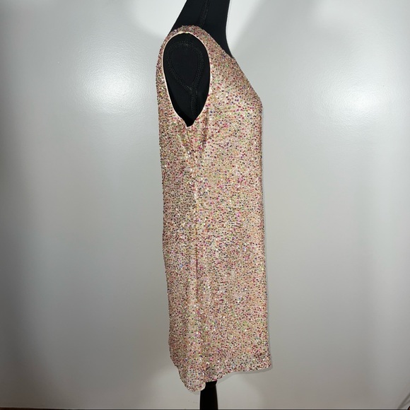 Romeo & Juliet Couture, Rainbow Sparkle Beaded, Cream, Scoop Neck Dress Size M - Picture 4 of 14